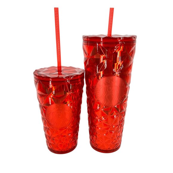 Starbucks Poinsettia Red Prism Tumbler Set With Lids Straws 16 Oz & 24 Oz - Picture 2 of 16